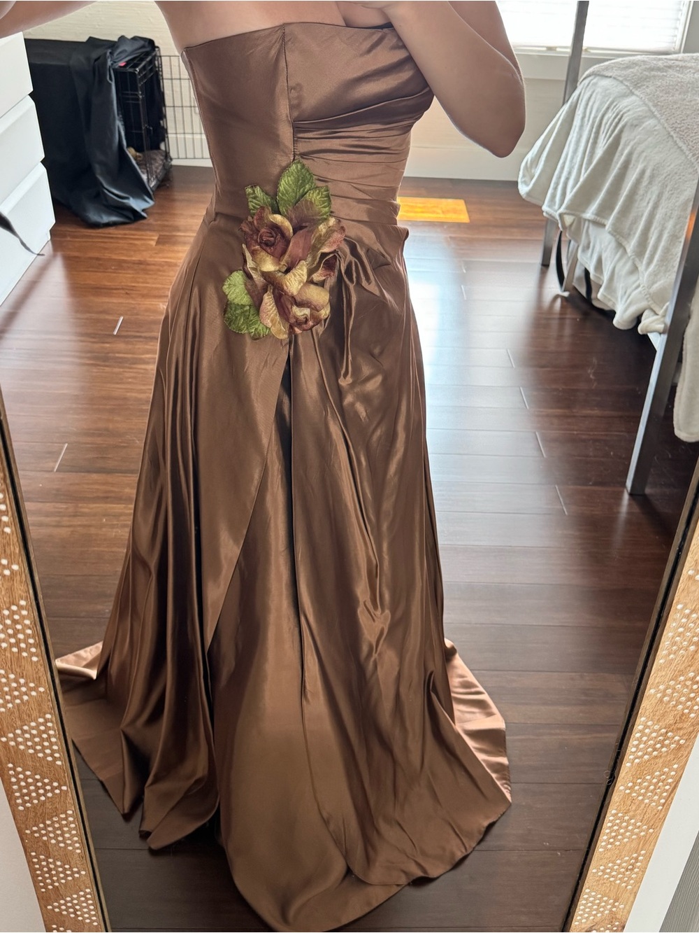 Jessica MACLINTOCK Strapless Satin Evening Gown w/ Velvet Floral Accent - Bronze - Picture 2 of 10